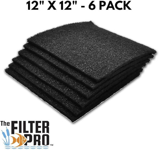 Carbon Fine Filter Media, 3/8" Thick, 12" x 12" Pads, 6 Pack, Perfect for Aquariums, Ponds or Water Gardens, Made in USA