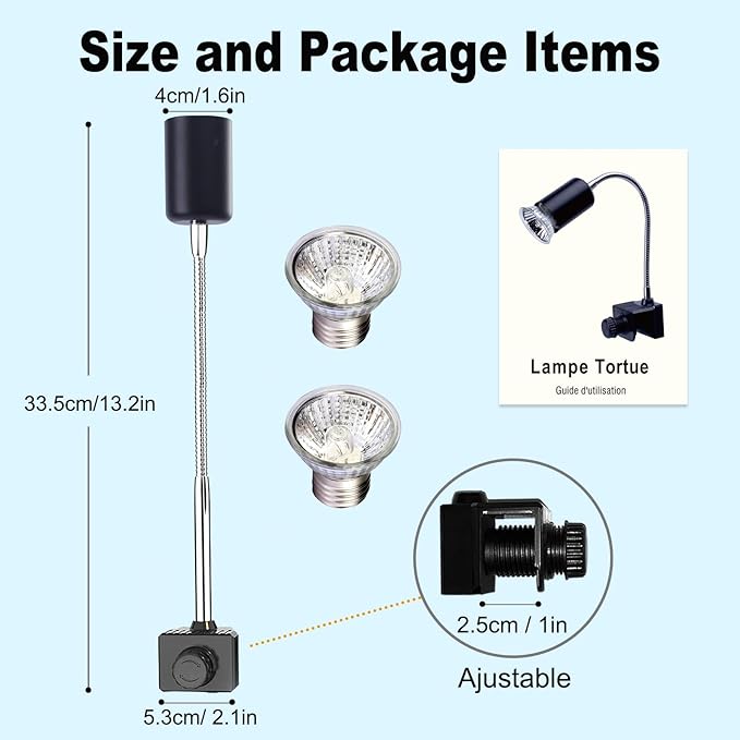 Reptile Heat Lamp, UVA UVB Light for Aquarium Turtle Tank, with 2 * 50w Basking Bulb and 360° Swivel Clamp Stand for Tortoise, Snake, Frog, Lizard, Cockatoo, Chameleon. Halogen, Yellow Light