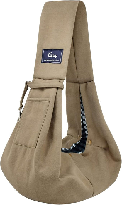 CUBY Dog and Cat Sling Carrier - Hands Free Reversible Pet Papoose Bag - Soft Pouch and Tote Design - Suitable for Puppy, Small Dogs Cats Outdoor Travel(Khaki, Unadjustable Strap)