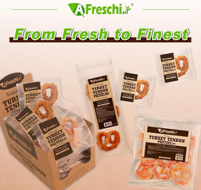 AFreschi Turkey Tendon Pretze (M) 3.17 oz, USA-Sourced Turkey Tendon, All Natural Human Grade Dog Chew, Hypoallergenic, Rawhide Alternative, Dog Treats for Medium Breeds