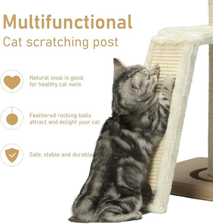 PEEKAB Cat Scratching Post,31" Tall Sisal Scratch Posts with Vertical Scratching Board for Cats and Kittens,with Track Ball and Hanging Feather Ball Toys,Beige