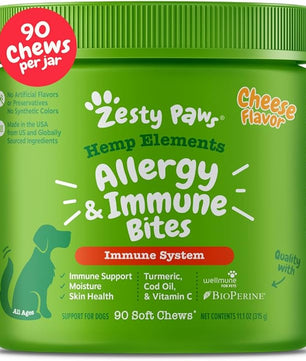 Zesty Paws Dog Allergy Relief - Anti Itch Supplement - Omega 3 Probiotics for Dogs - Salmon Oil Digestive Health - Soft Chews for Skin & Seasonal Allergies - with Epicor Pets – Hemp - 90 Count…