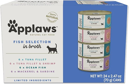 Applaws Natural Wet Canned Cat Food, Limited and Natural Ingredients, High Protein with No Artificial Additives, Fish Selection Variety Pack in Broth (24 x 2.47oz Cans)