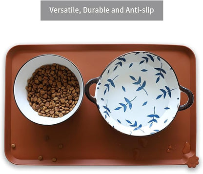 Hoki Found Silicone Pet Food Tray - Non Slip Pet Dog Bowl Mats - Cat Waterproof Mat for Carpet - Caramel