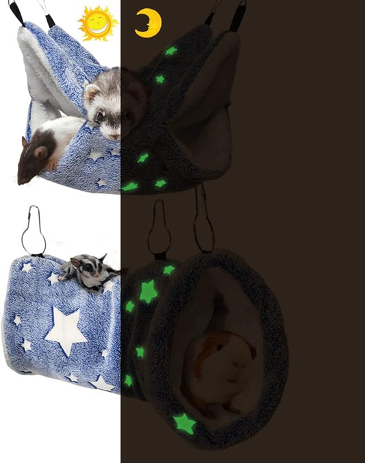 LEFTSTARER Noctilucent Luminous Guinea Pig Rat Hammock Bunkbed Hanging Tunnel and Soft Bed Mat for Ferret Hedgehog Squirrel Hideout Cage Accessories (2. Tunnel and Bunkbed)