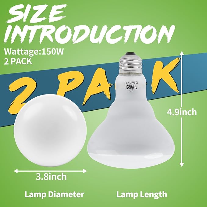 LUCKY HERP Heat Lamp Bulbs - 150W Reptile Heat Lamp 2 Pack, Daylight Basking Heat Lamp Bulbs for Reptile, UVA Heat Light Bulb for Reptiles, Amphibians, Bearded Dragons, Lizards, Turtles, Chickens