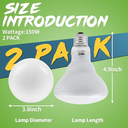 LUCKY HERP Heat Lamp Bulbs - 150W Reptile Heat Lamp 2 Pack, Daylight Basking Heat Lamp Bulbs for Reptile, UVA Heat Light Bulb for Reptiles, Amphibians, Bearded Dragons, Lizards, Turtles, Chickens