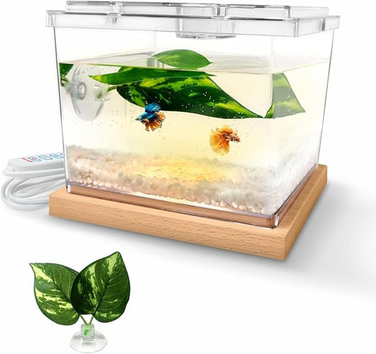 Mini Betta Fish Tank Kit with LED Light Base, Small Fish Bowl for Temporary Space, 0.2 Gallon Stackable Cube Tank with Betta Leaf for Small Fish, Insect, Shrimp, Crab, Spider (Kit-1)