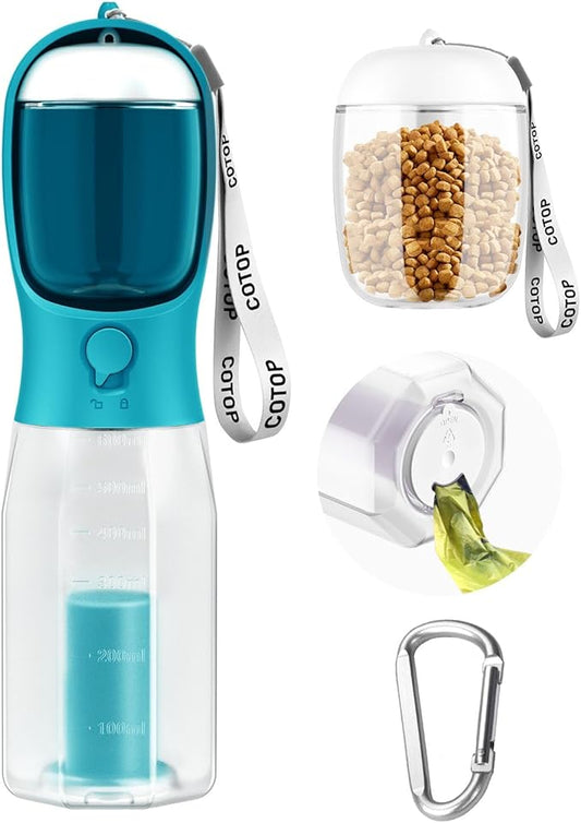 20oz Dog Water Bottle with Food Container & Poop Bag Dispenser | Leak-Proof Portable Pet Water Dispenser with Carabiner Clip | for Walking, Hiking, Travel (Cyan, 20oz)