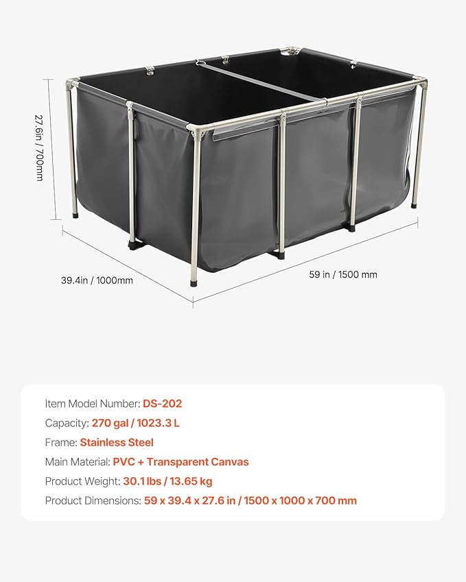 VEVOR Canvas Fish Pond, 270 Gal Above Ground Fish Pond, PVC Koi Tank with Clear Viewing Panel, Rectangular Goldfish Tank with Stainless Steel Frame & Drain Valve, for Breeding Koi, Irrigation(Black)