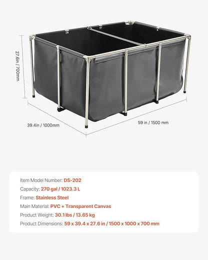 VEVOR Canvas Fish Pond, 270 Gal Above Ground Fish Pond, PVC Koi Tank with Clear Viewing Panel, Rectangular Goldfish Tank with Stainless Steel Frame & Drain Valve, for Breeding Koi, Irrigation(Black)