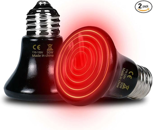 50W Reptile Heat Lamp(2-Pack) Ceramic Heat Emitter- Non-Light Emitting, 24/7 Safe Heating for Terrariums, Brooders & Incubators-Turtle Lizard Bearded Dragon Snake Small Pets E26