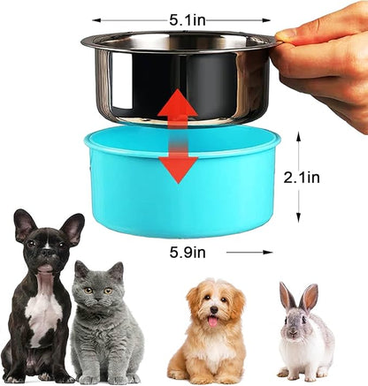 HERCOCCI Dog Crate Bowl, Removable Stainless Steel Pet Kennel Cage Hanging Food Bowls and Water Feeder Coop Cup Prevent Overflow for Puppy, Medium Dog, Cat, Rabbit, Ferret (3PCS)
