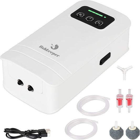 fishkeeper Battery Powered Aquarium Air Pump, USB Rechargeable Aerator Fish Tank Air Pump for 10-210 Gallons Portable Oxygen Pump for Outdoor Fishing, Power Outages and Emergency (6W 110GPH)