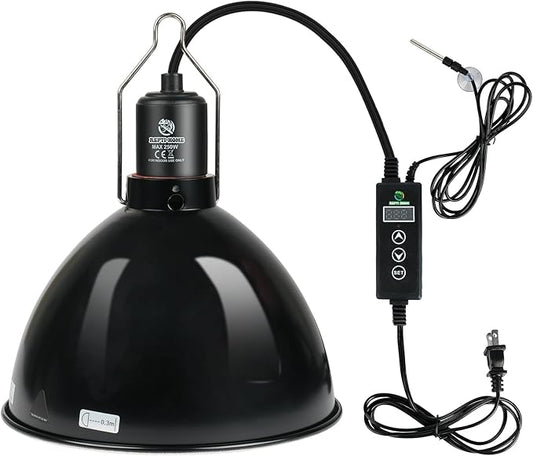 Reptile Light Fixture with Dimming Thermostat, 8.5 Inch Deep Dome Light Fixture with Timer, Reptile Aluminum Dome Fixture for Basking/Heat/UVA/UVB Lamp Bulb