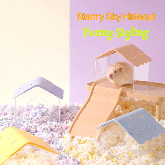 TUTU&LELE Hamster Hideout, Tiny House Habitat, Starry Sky Hideout Nest,Hamster Bed with Plush Cushion for Dwarf Hamsters, Mice, Gerbils, Hamsters to Play, Sleep and Rest (Purple)