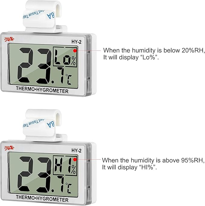 Digital Reptile Thermometer Hygrometer with Hook & Adhesive, LCD Display Temperature Humidity Gauge for Reptile Tanks, Terrariums, Bearded Dragon, Hermit Crab Accessories (-10℃~+50℃/20%-90% RH)