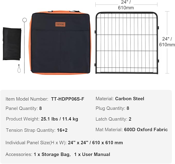 VEVOR Dog Playpen, 8 Pcs 24 x 24 in Panels Foldable Metal Pet Exercise Pen, Dog Fence Indoor and Outdoor Pen with Door, Storage Bag and Bottom Pad, Pet Playpen for Dogs, Cats and Other Small Animals