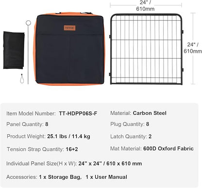 VEVOR Dog Playpen, 8 Pcs 24 x 24 in Panels Foldable Metal Pet Exercise Pen, Dog Fence Indoor and Outdoor Pen with Door, Storage Bag and Bottom Pad, Pet Playpen for Dogs, Cats and Other Small Animals