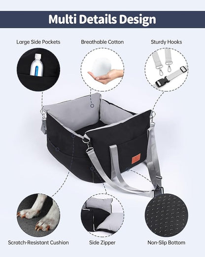 Medium Dog Car Seat for Medium Sized Dogs, Car Seat for Small Dogs with Side Zipper, Waterproof Dog Travel Booster in car with Storage Pockets Up to 25lbs, Memory Foam Filling for Max Support, Black