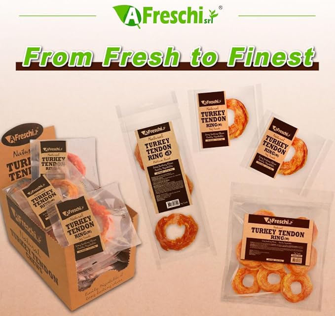 AFreschi Turkey Tendon Ring (M) 3.17 oz, USA-Sourced Turkey Tendon, All Natural Human Grade Dog Chew, Hypoallergenic, Rawhide Alternative, Dog Treats for Medium Breeds