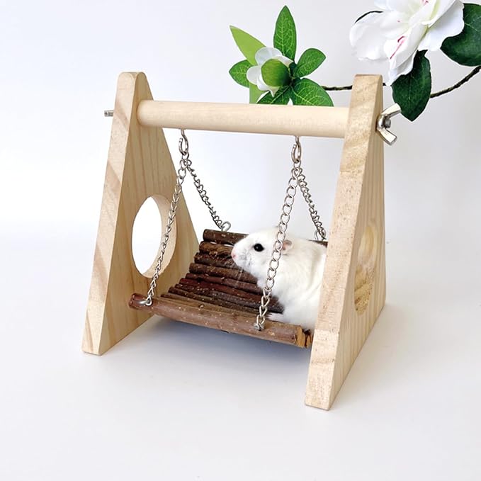 Hamster Swing Hammock, Wooden Hanging Toy for Gerbil Rat Mouse Dwarf, Small Animal Hideout for Syrian Hamster Chew Toys, Rat Cage Accessories