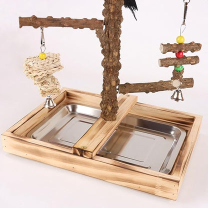 Natural Wood Parrot Stand - Ideal Toy & Accessory for Parakeets, Canaries, Cockatiels, Conure, Lovebirds - Large Bird Perch Stand with Removable Tray and Feeder Cups - Perfect Pet Birds Playstand
