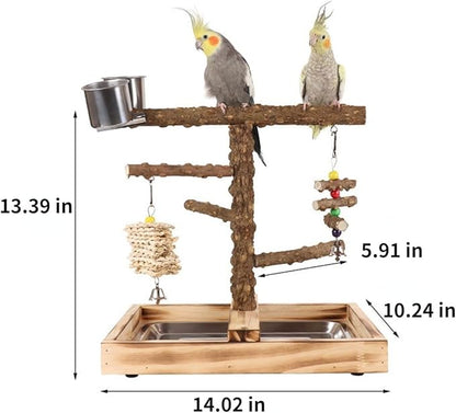 Natural Wood Parrot Stand - Ideal Toy & Accessory for Parakeets, Canaries, Cockatiels, Conure, Lovebirds - Large Bird Perch Stand with Removable Tray and Feeder Cups - Perfect Pet Birds Playstand