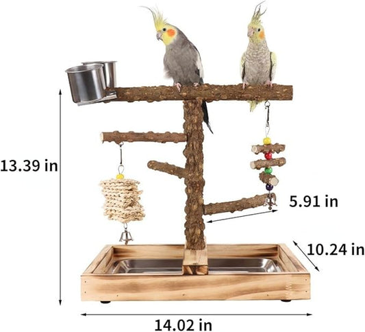 Natural Wood Parrot Stand - Ideal Toy & Accessory for Parakeets, Canaries, Cockatiels, Conure, Lovebirds - Large Bird Perch Stand with Removable Tray and Feeder Cups - Perfect Pet Birds Playstand