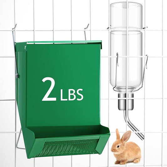 Maxcheck 2 Pack Rabbit Feeder and 12 oz Water Bottle for Cages Pet Food Water Dispenser with Lid Metal Feeders Outside for Guinea Pig Hamsters Chinchillas Gerbils and Other Small Animals(2 Lbs)