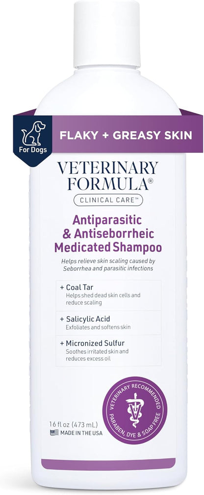 Veterinary Formula Clinical Care Antiparasitic & Antiseborrheic Medicated Dog Shampoo, 16 oz – Paraben, Dye, Soap Free – Hydrating and Antifungal Shampoo for Dogs, White
