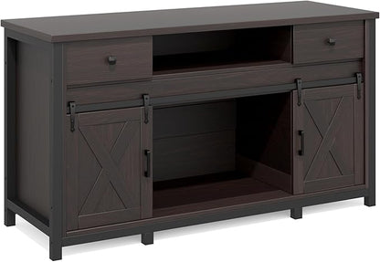 Miereirl 75-120 Gallon Fish Tank Stand with Power Outlet – Heavy Duty Aquarium Stand, Rustic Farmhouse Style, 1000 lb Capacity, Adjustable Storage & Sliding Barn Doors, Dark Brown