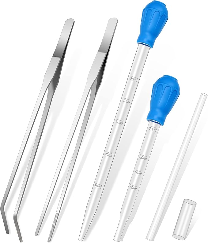 5 in 1 Aquarium Coral Feeder Kit, Luxiv 2 Pcs 60ml and 30ml Aquatic Reef Feeding Dropper with 10in Extender Pipe, 2 Pcs Stainless Steel Straight and Curved Aquarium Tweezers for Feeding Tong (Silver)