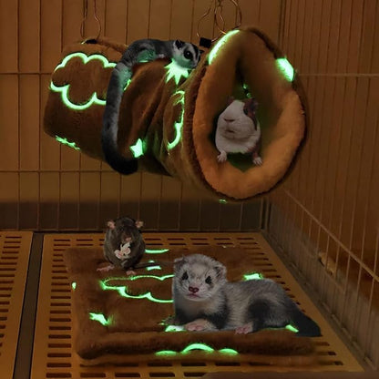 LEFTSTARER Noctilucent Luminous Guinea Pig Rat Hammock Bunkbed Hanging Tunnel and Soft Bed Mat for Ferret Hedgehog Squirrel Hideout Cage Accessories (2.Tunnel Hammock and Mat)