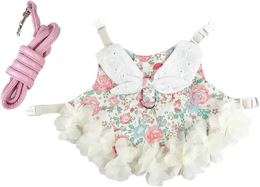 Bunny Rabbit Ferret Harness and Leash Set, Bunny Clothes for Rabbits, Small Animal Guinea Pig Dress Clothes for Kitten Ferret Chihuahua Puppy Mini Dog and Small Animals Harnesses (S, Flower)