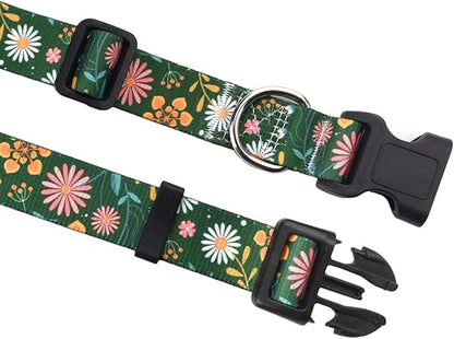 Dog Collar with Bohemia Floral Tribal Geometric Patterns - Soft Ethnic Style Collar Adjustable for Small Medium Large Dogs(Dark Green Flower,L)