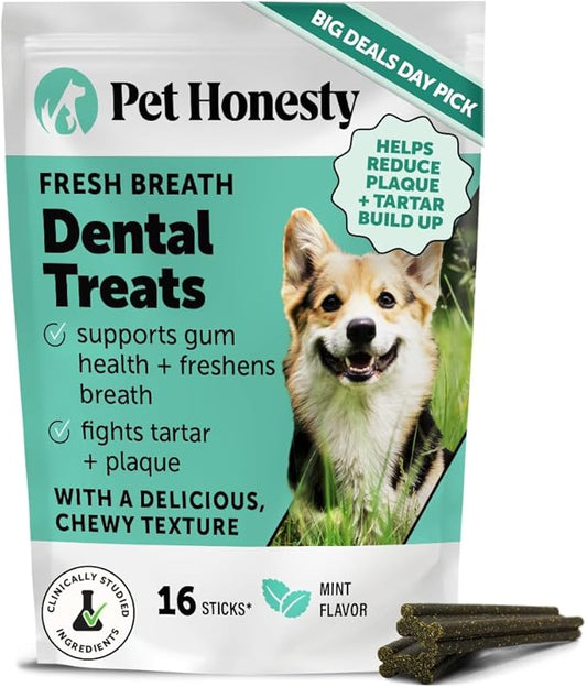 Pet Honesty Dental Health Fresh Sticks - Oral Hygiene Dental Treat for Dogs - Dental Dog Chews - Freshen Dog Breath, Reduce Plaque + Tartar - 16 Sticks