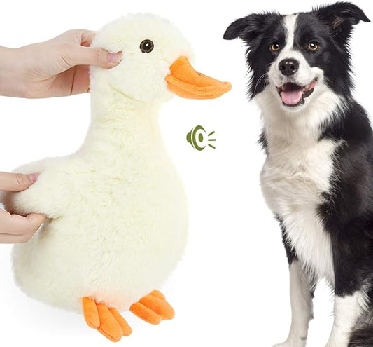 Pawaboo Squeak Plush Duck Dog Toy, Large 12'' Super Soft PlushStuffed Duck-Shaped Pet Toys, Crinkle Paper Rattle Pet Biting Training Chew Toys Non-Toxic Plush Doll for Pet Dogs, Light Yellow/Orange