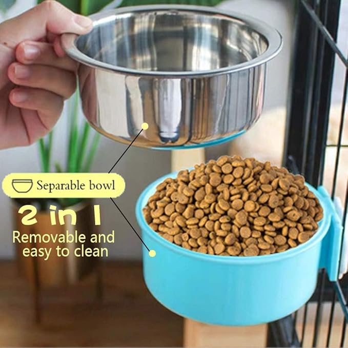 Hamiledyi 2-Pack Hanging Dog Bowls with Removable Stainless Steel Feeder - Spill-Proof Crate Bowls for Kennel/Cage, Puppy to Medium Dogs, Cats, Rabbits & Guinea Pigs (Durable Pet Food & Water Dishes)