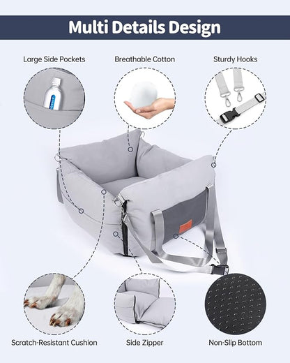 Medium Dog Car Seat for Medium Sized Dogs, Car Seat for Small Dogs with Side Zipper, Waterproof Dog Travel Bed in car with Storage Pockets Up to 25lbs, Memory Foam Filling for Max Support, Light Gray