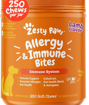 Zesty Paws Dog Allergy Relief Chews, Dog Probiotics for Itchy Skin and Ears, Lamb, 250ct