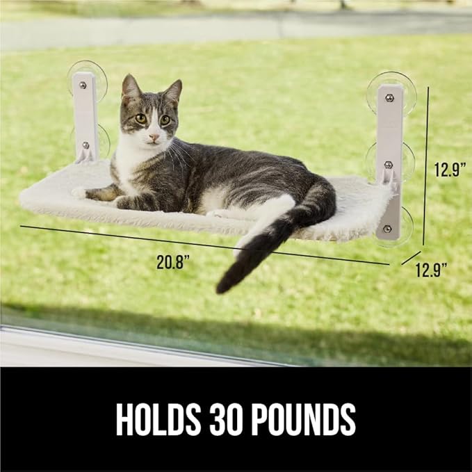 GORILLA GRIP Cat Window Perch, Foldable Cat Window Hammock Bed with 6 Large Suction Cups, Cordless Indoor Wall Shelves, Strong Metal Frame Holds 30lbs, Reversible Washable Sherpa Cover, Small Beige