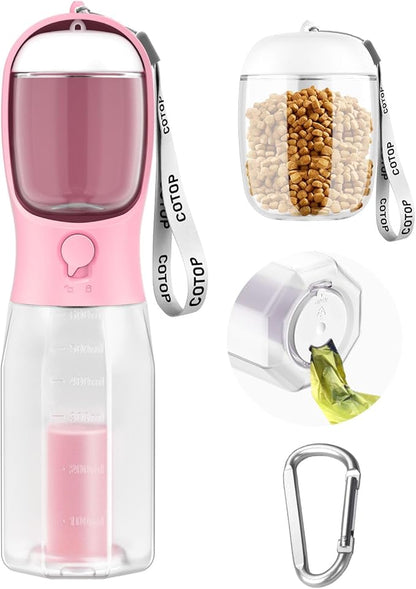 20oz Dog Water Bottle with Food Container & Poop Bag Dispenser | Leak-Proof Portable Pet Water Dispenser with Carabiner Clip | for Walking, Hiking, Travel