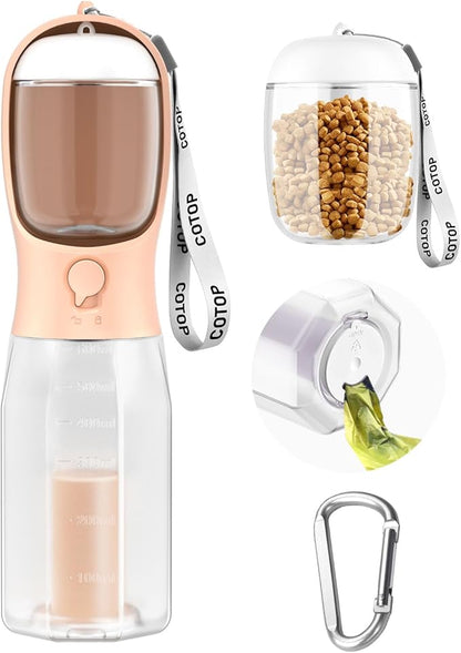 20oz Dog Water Bottle with Food Container & Poop Bag Dispenser | Leak-Proof Portable Pet Water Dispenser with Carabiner Clip | for Walking, Hiking, Travel (Peach, 20oz)