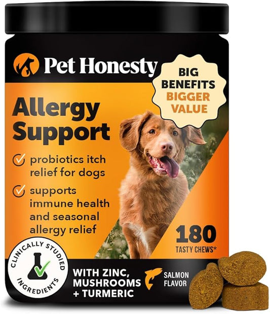 Dog Allergy Support Chews Max Strength, Omega 3 Salmon Fish Oil, Probiotic Supplement for Anti-Itch and Seasonal Allergies