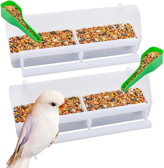 2 Pcs Bird Plastic Double Slot Feeder, Pigeon Food and Water Feeder Cup, Cage Standing Frame Feeder with 2 Plastic Food Spoon