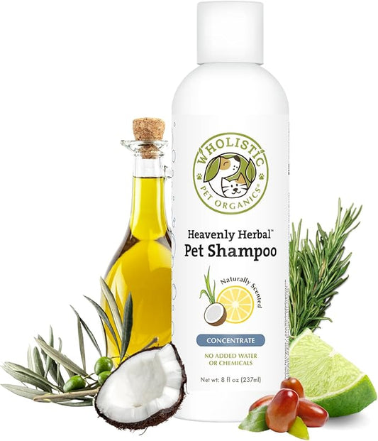 Wholistic Pet Organics Pet Shampoo Concentrate: Heavenly Herbal Organic Dog Shampoo and Conditioner - All Natural Puppy and Cat Shampoo for Dry, Itchy Skin, Allergies, Dandruff - Flea Shampoo - 16 Oz