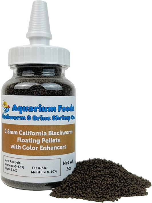 Aquatic Foods Inc. 0.8mm Micro California Blackworm Floating Pellets w/Color Enhancers & Vitamins for Guppies, Tetras, Bettas, Nano Fish, All Baby Fish…2oz Squeeze Bottle