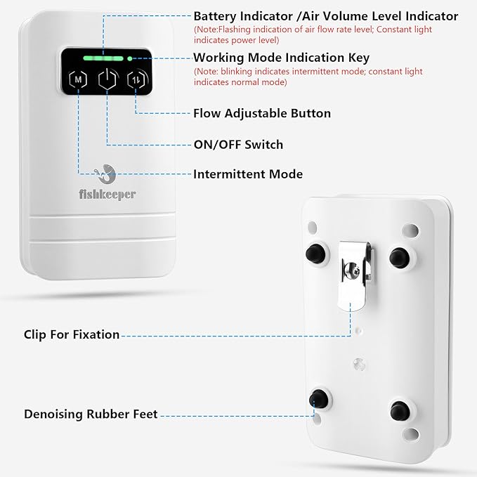 fishkeeper Rechargeable Aquarium Air Pump, Aerator Fish Tank Air Pump Up to 60 Gallons Portable Battery Powered Oxygen Pump with Clip for Most Bait Buckets, Power Outages and Emergency (2W 30GPH)