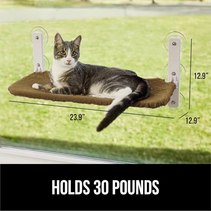 GORILLA GRIP Cat Window Perch, Foldable Cat Window Hammock Bed with 6 Large Suction Cups, Cordless Indoor Wall Shelves, Strong Metal Frame Holds 30lbs, Reversible Washable Sherpa Cover, Medium Brown